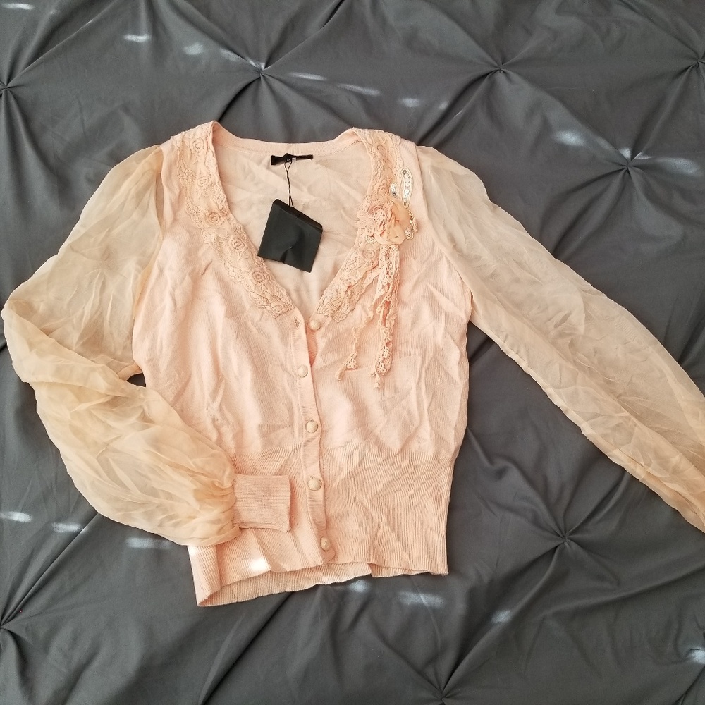Peach sheer sleeve cardigan, NWT